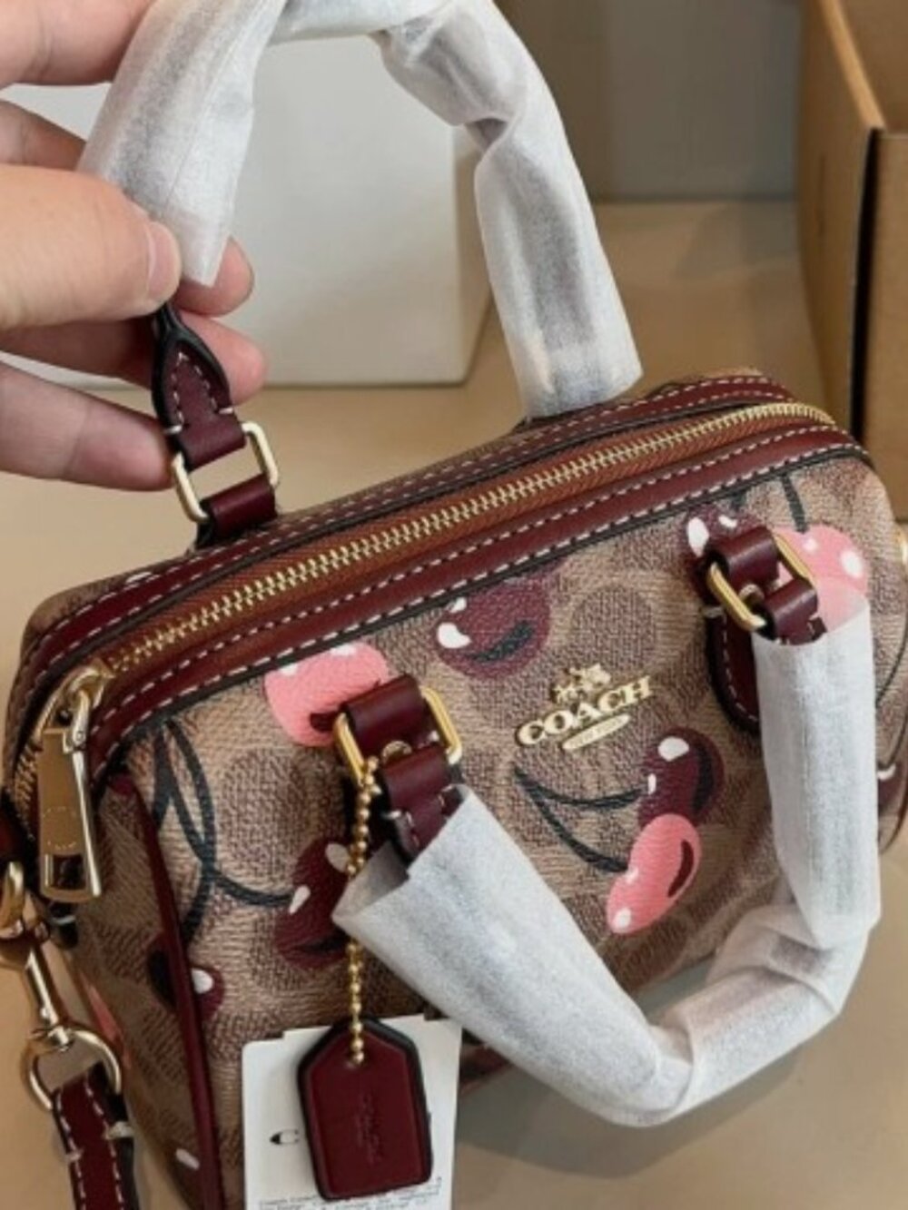 NWT COACH Rowan mini–Satchel Bag In Signature Canvas with Cherry Print - Picture 7 of 9